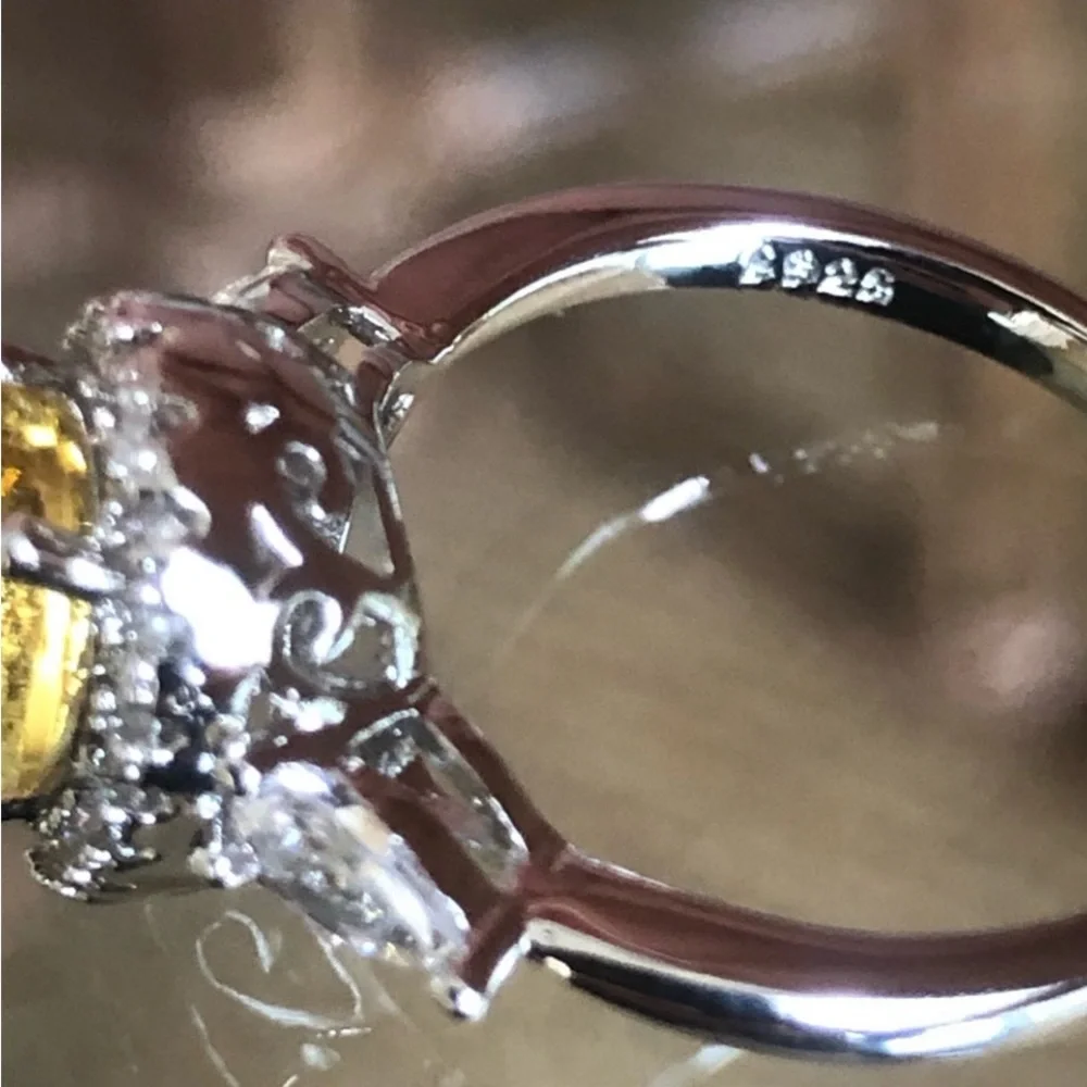 .925 Sterling Silver 2 ct Pear Cut Yellow Sapphire & White Sapphire Ring - Picture 8 of 11